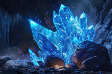 Obraz premium Glowing Blue Crystal in a Cave