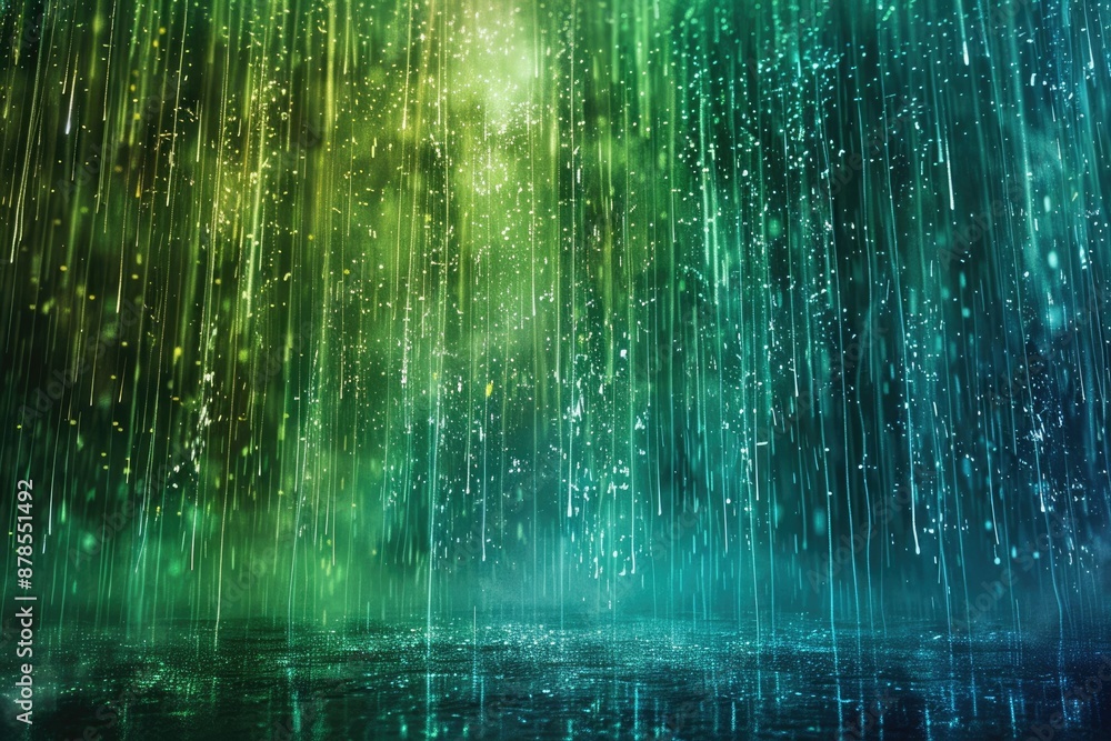 Poster the dynamic visual display features neon lights in green and blue colors, creating an artistic atmos