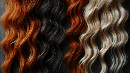 View of four wig options for women showing off their long wavy hair in various shades of blonde, red and russet. The image highlights the texture and color variations.