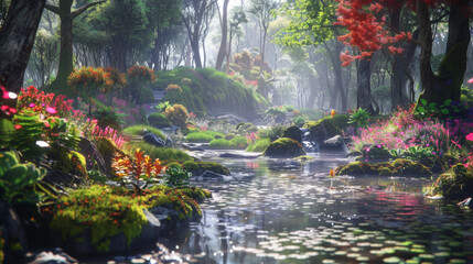 Obraz premium A vibrant ecosystem with elements like trees, shrubs, vines, and a meandering stream or pond. Include details like dew-kissed leaves, moss-covered rocks, and patches of wildflowers. 