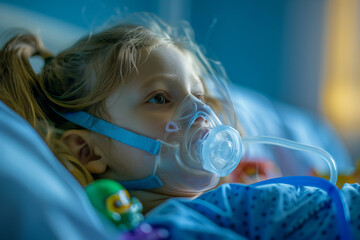 Child in hospital bed with oxygen mask