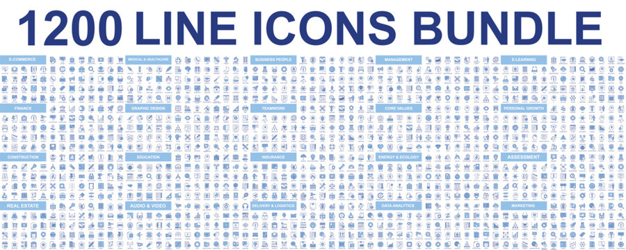 Mega set of vector thin line icons. Editable stroke. Contains such icon collection as finance, core values, business process, commerce, learning, shopping, marketing, teamwork. Linear pictogram pack.