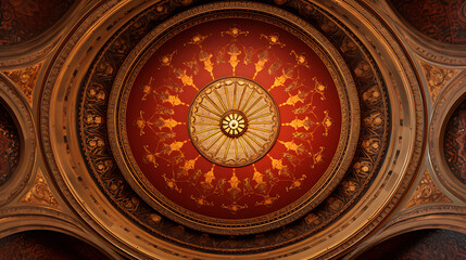 Red and gold ornate ceiling with intricate details, perfect for architecture, history, and luxury design projects. 
