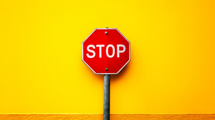 Vibrant image of a red stop sign against a bright yellow textured background.