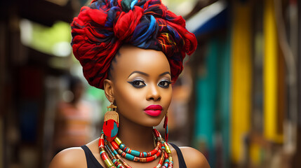 A woman in red and blue headwrap and jewelry, a vibrant portrait with bold makeup, evoking confidence and beauty, ideal for fashion and beauty campaigns. 
