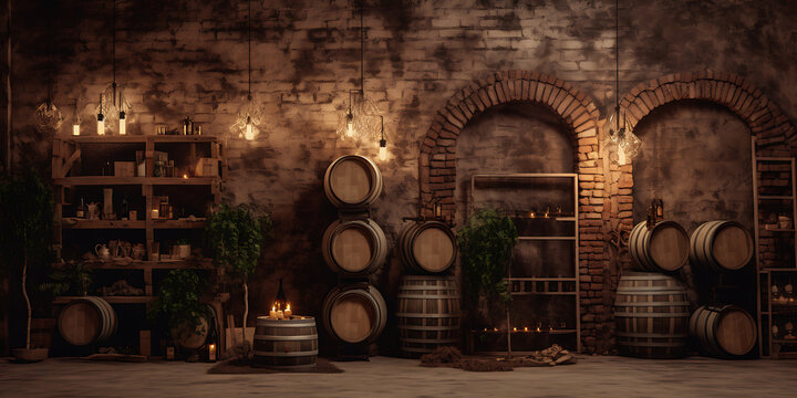 Rustic wine cellar with wooden barrels and warm lighting, perfect for a cozy autumn or winter themed design. 
