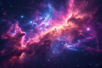 Naklejka premium A bright nebula in space with pink and purple clouds.