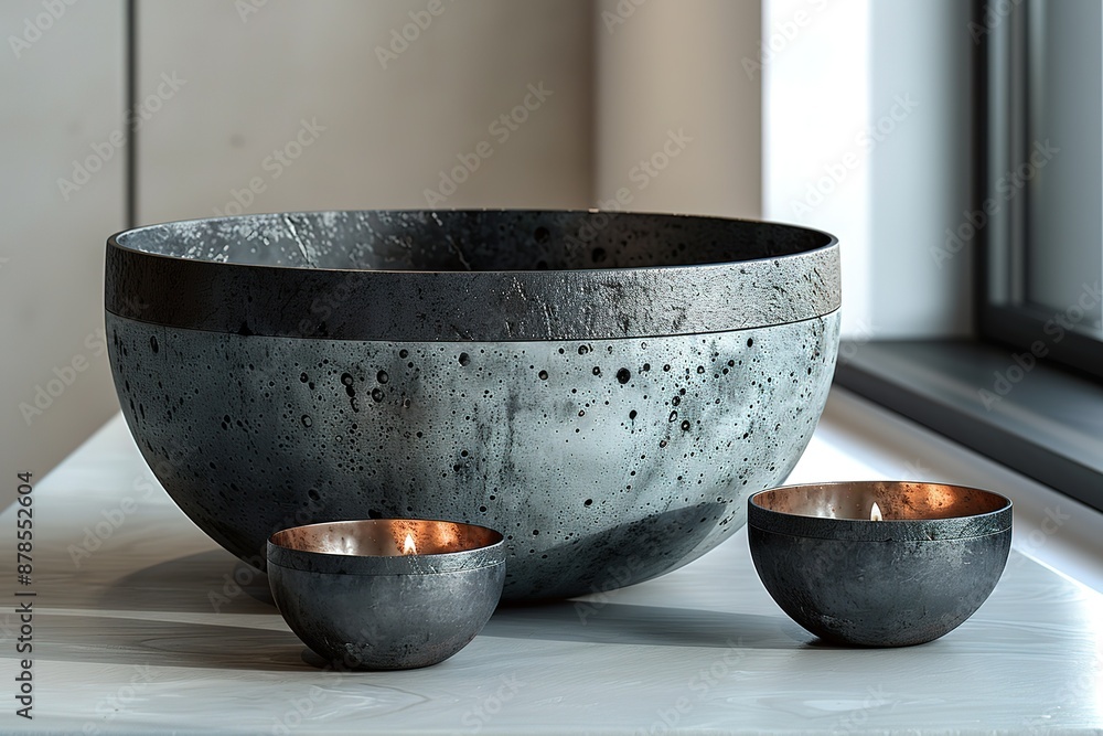 Poster three bowls of different sizes are placed on a table