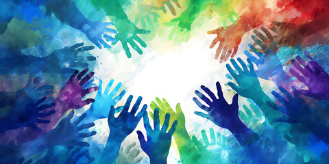 Watercolor painted hands reaching up in blue and green, symbolizing hope, unity, and togetherness for social media and marketing campaigns 
