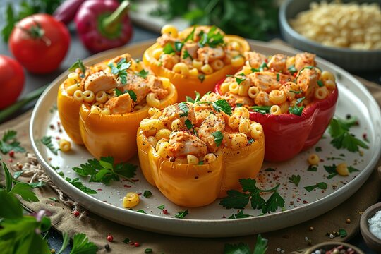 A plate of food with five small red bell peppers and a white plate of pasta