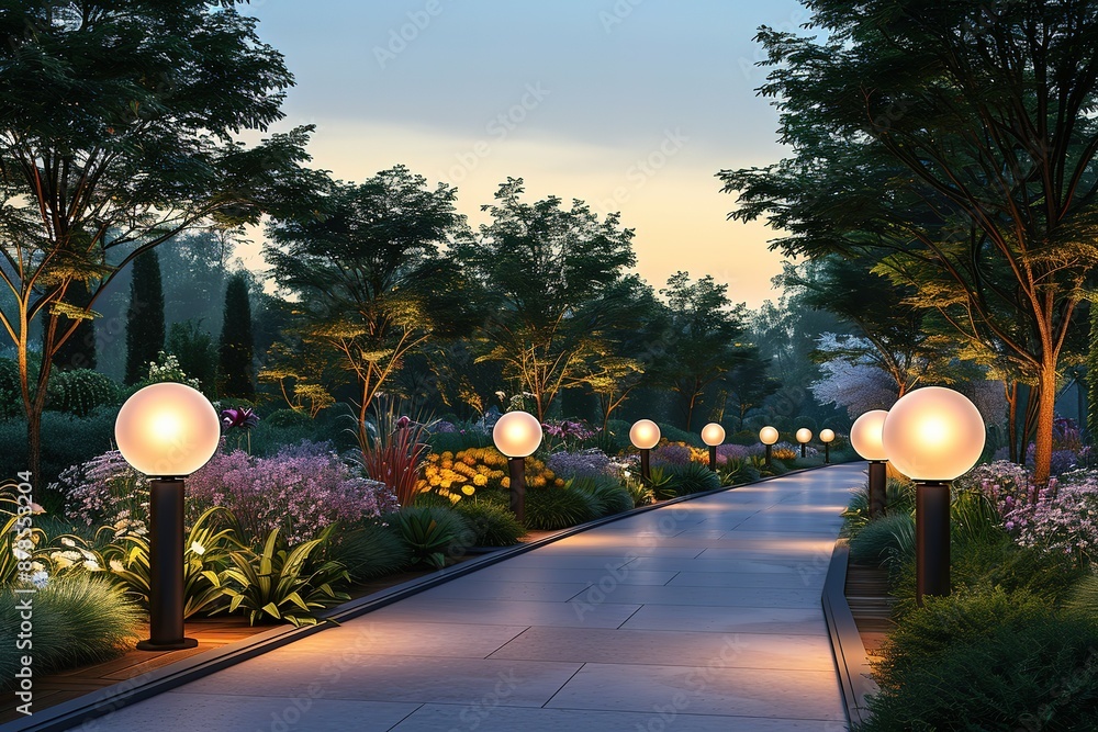 Poster a path with lights on it and trees in the background