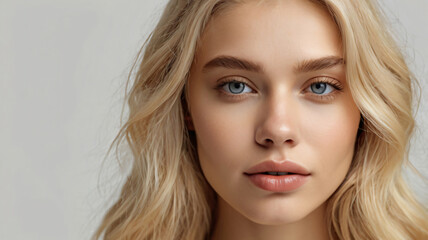 Fototapeta premium Close-up photo of beautiful blonde model with shiny perfect skin. Beauty makeup commercial cover