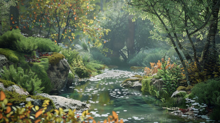Obraz premium A vibrant ecosystem with elements like trees, shrubs, vines, and a meandering stream or pond. Include details like dew-kissed leaves, moss-covered rocks, and patches of wildflowers. 