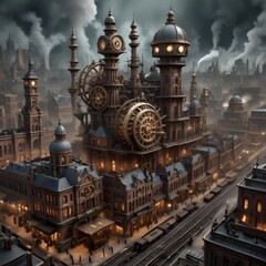 Clockwork city powered by gears and steam