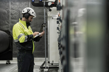 electrician working in a factory. electrician at work. electrician working in a power station. engineer working on the checking status switchgear electrical energy distribution substation.