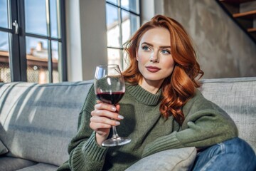 Close-up. A modern, stylish, beautiful woman with red hair and a glass of red wine in an armchair in the living room of the house.