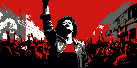A powerful woman leads a crowd of people in red and black, raising their fists in protest, symbolizing revolution and social change 
