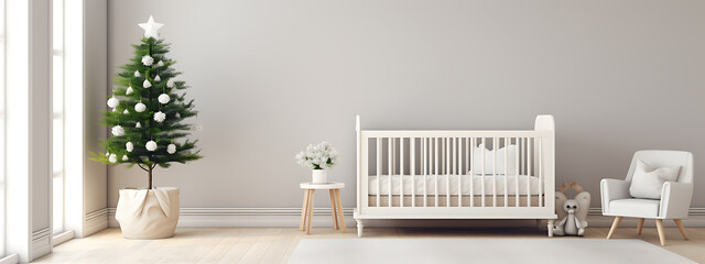 White Christmas tree and crib in a minimalist nursery, perfect for a baby's first Christmas 
