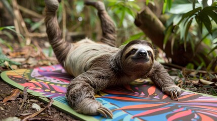 Fototapeta premium A sloth stretching in a downward dog pose on a colorful yoga mat in a jungle