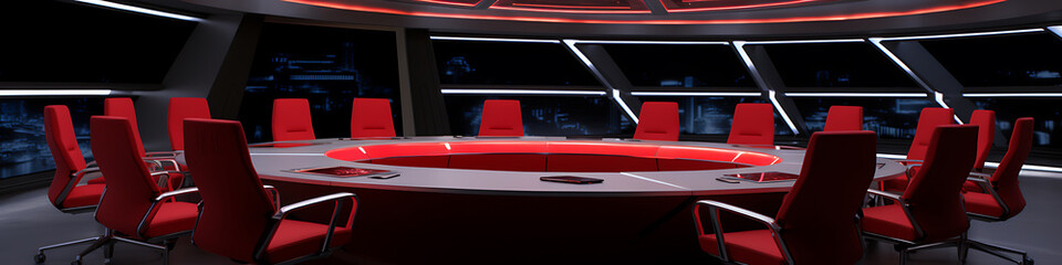 Naklejka premium Red chairs around a futuristic table, a sleek and modern office setting for a successful business meeting 