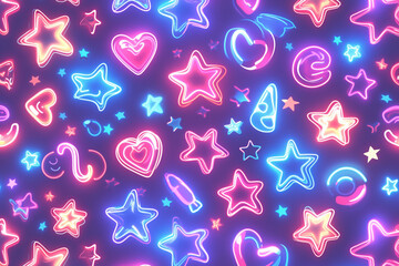 Bright neon pattern with multi-colored stars and hearts on a dark background.