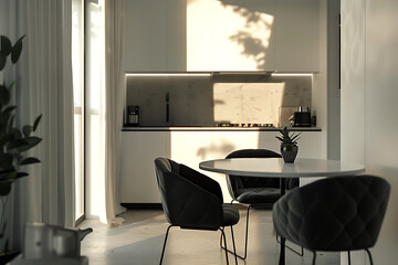 Modern kitchen interior design with white cabinets and black chairs, showcasing a minimalist and elegant style 
