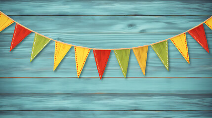 Colorful yellow, red and green bunting flags strung on twine against a blue wood background, perfect for summer celebrations 
