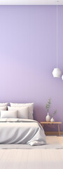 Minimalist bedroom with white bed and purple wall, perfect for interior design and home decor projects 

