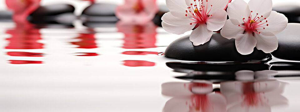 White delicate flowers with red centers on black stones floating in water, evoking tranquility and serenity for spa and wellness concepts 
