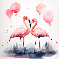 Obraz premium generated illustration of cute flamingoes in Love, in the style of watercolor.