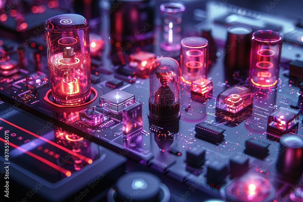 Poster a computer board with many small glowing red and purple components