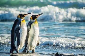 Fototapeta premium Two King Penguins Standing on a Beach.