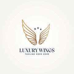 luxurious golden wings with stars line art icon logo vector illustration design