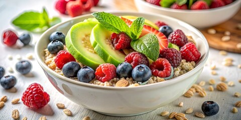 A Bowl of Oatmeal with Avocado, Berries and Mint, Oatmeal, Breakfast, Healthy, Food