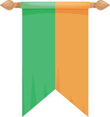 Green and orange vertical banner is hanging on a wooden stick