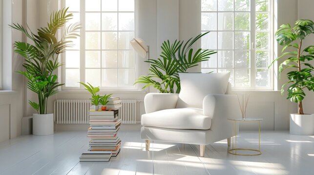 A bright and airy reading space with a soft white armchair, a tall stack of books on a modern side table, and large windows that let in plenty of natural light. 