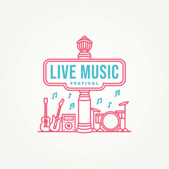 minimalist street sign live music with music instruments line art icon logo vector illustration design. modern simple poster, t-shirt, music festival banner, cover logo concept