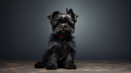 A black Yorkshire Terrier with a red collar sits on a brown wooden floor against a dark grey background, conveying a sense of playful innocence and cuteness 
