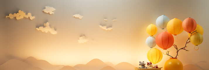 Colorful paper lanterns and clouds in a warm yellow and orange color palette, a whimsical celebration of joy and happiness for a festive occasion 
