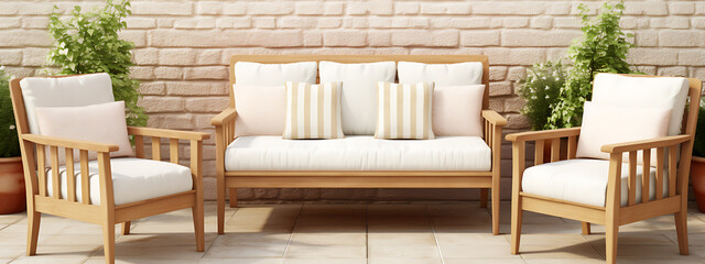 Relaxing wooden patio furniture with white cushions and green plants, perfect for summer entertaining 
