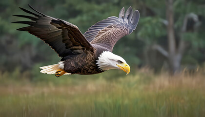 Obraz premium A bald eagle soaring low to the ground landscape