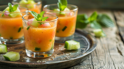 Refreshing orange gazpacho served in glasses with cucumber and mint, perfect for a summer party 

