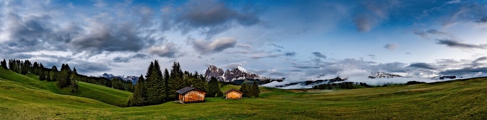 Sunset Panorama of the Alpe de Siusi/ Seiser Alm in the Dolomites of Italy