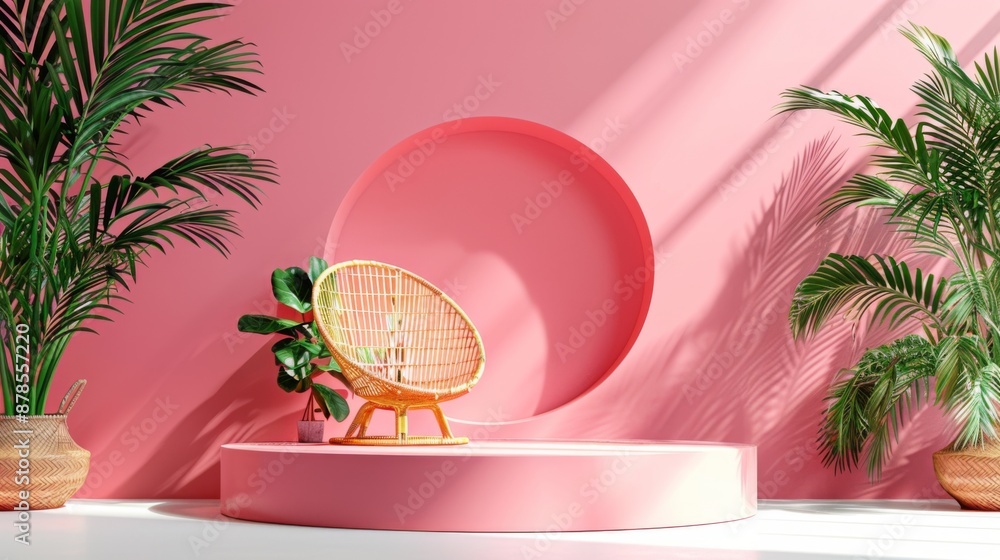 Poster pink minimalist interior with wicker chair and tropical plants