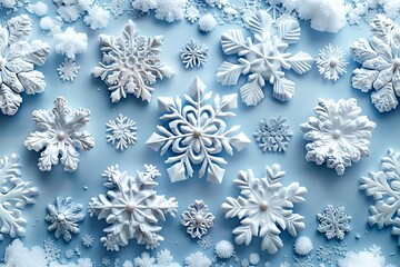 White Snowflakes on a Plain White or Blue Background, Showcasing their Intricate Symmetrical Patterns. Seamless Pattern for Wallpaper