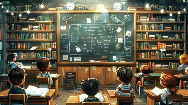 Children studying in a cozy classroom filled with books and a blackboard. Education concept