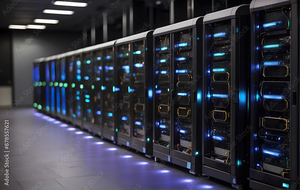 Poster row of network servers with glowing led lights, data storage system