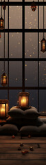 Cozy Winter Night with Lanterns and Pillows, Warm Gold and Brown Hues, Perfect for Relaxation and Comfort 
