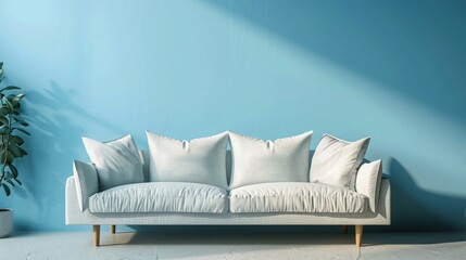 A calming retreat with a soft linen sofa set against a pastel sky blue wall, designed to evoke feelings of peace and serenity in a minimalist setting.
