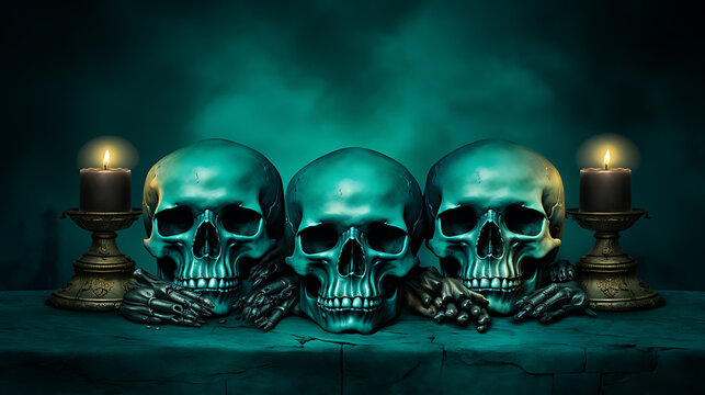 Three teal skulls with black candles and golden candle holders set a spooky Halloween scene 
